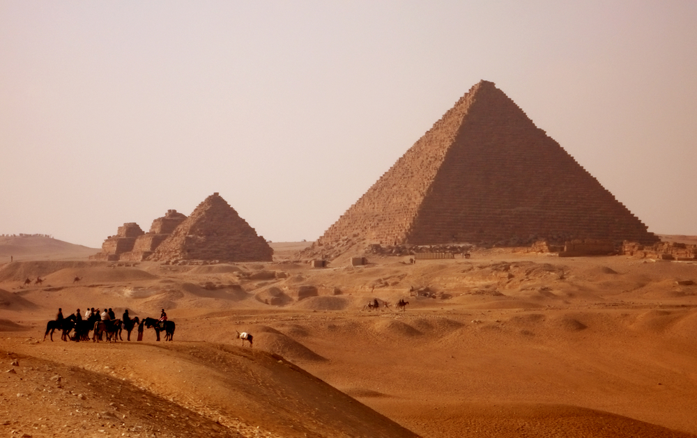 Giza pyramids in Egypt near Cairo at Sunset