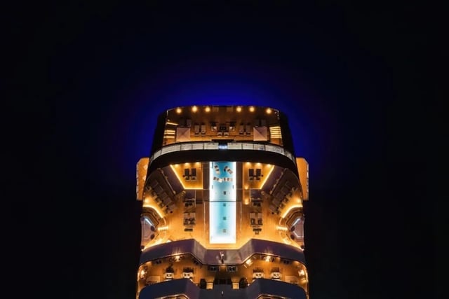 aerial shot of the pool at night