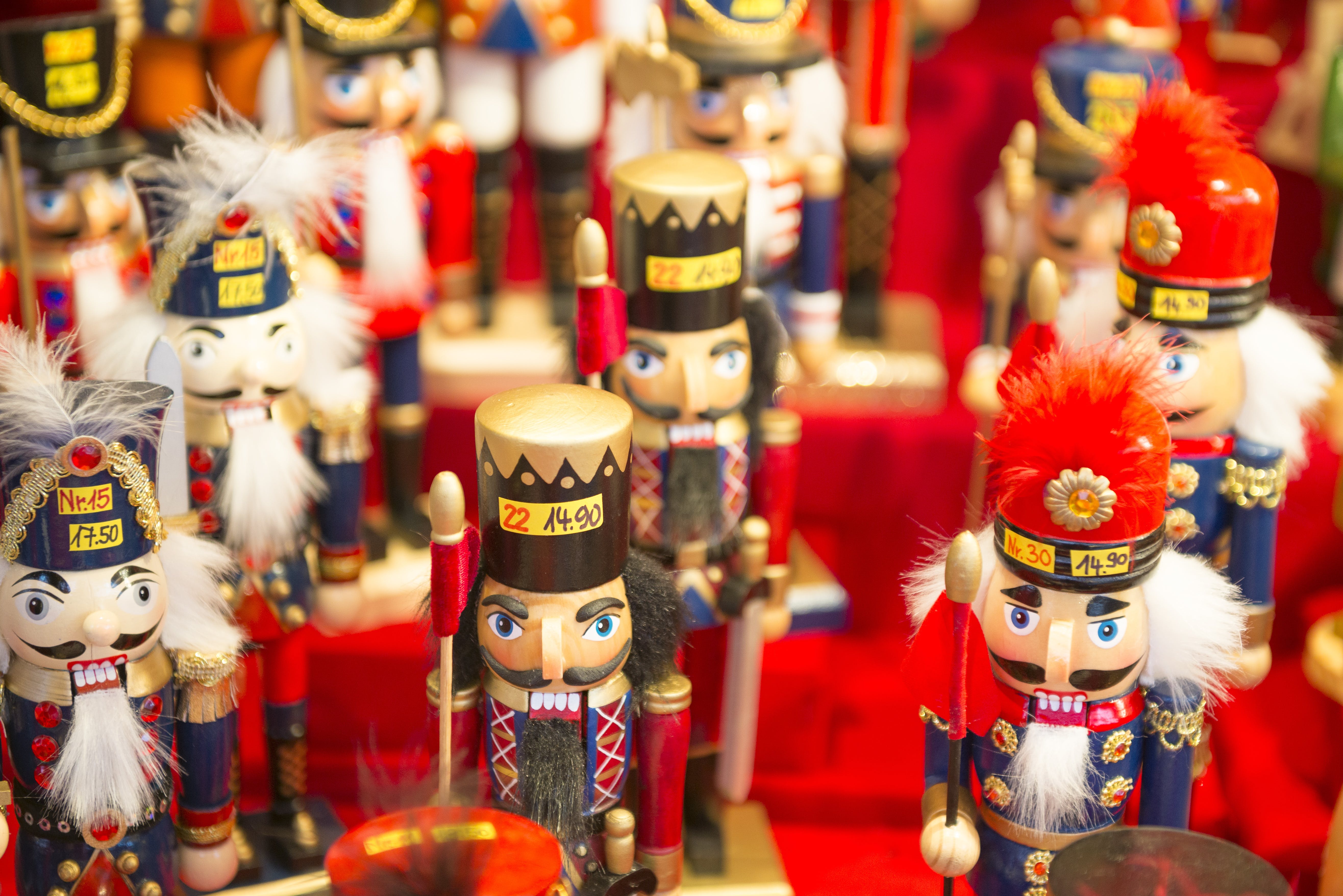hand-carved wooden Bavarian nutcrackers, an iconic symbol of the Christmas season.